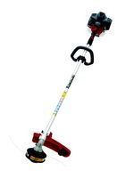 Gas-powered string trimmer with white shaft, red head, and black handle