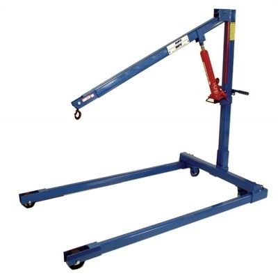 Blue and red folding shop crane with hook and wheeled base
