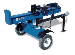 Blue wood splitter with trailer wheels and hydraulic ram on a white background