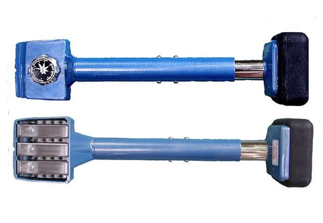 Two blue-handled tools with black grips, shown side by side on a white background.