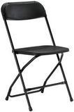 Black folding chair with padded seat and backrest on a white background