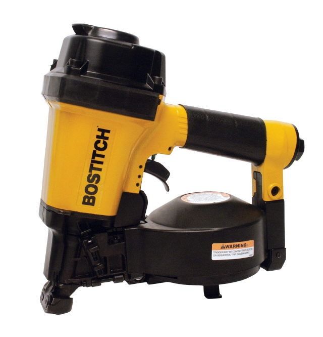 Yellow and black Bostitch pneumatic nail gun on a white background