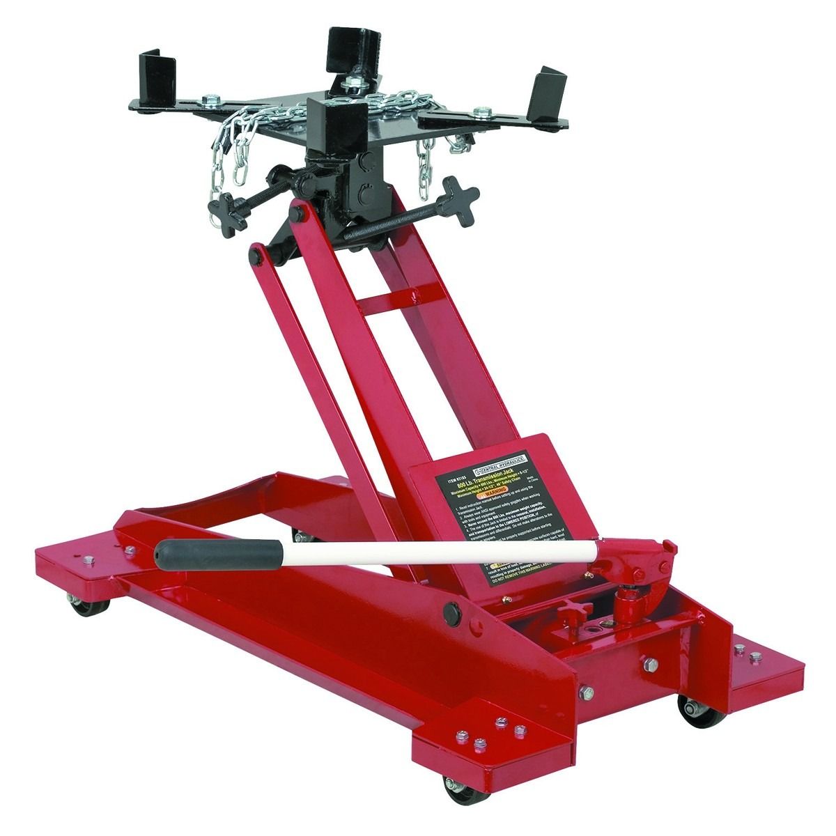 Red automotive lift jack with black adjustable cradle on a white background