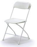 White folding chair with padded seat and backrest on a plain background
