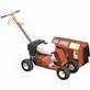 Red riding lawn mower with a black seat and a grass catcher attachment on the back.