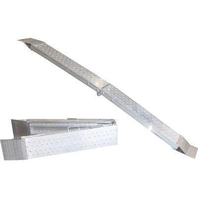 Two metal ramps with diamond-plate surfaces, one folded and one extended, on a white background