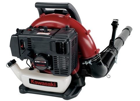 Kawasaki backpack leaf blower with red engine housing and black nozzle on a white background