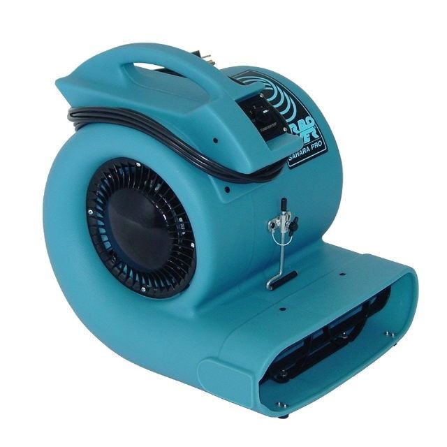 Turquoise portable carpet dryer with handle and front air vent on a white background