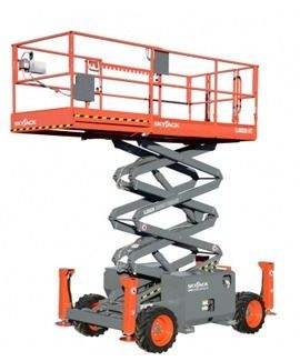 Orange scissor lift raised high, with extended gray scissor arms and orange guardrails.