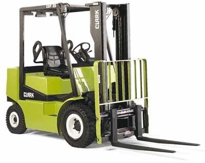 Green and black forklift with raised forks, shown from the front-left side.