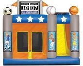 Colorful inflatable bounce house with sports theme, stars, a scoreboard, and attached slide