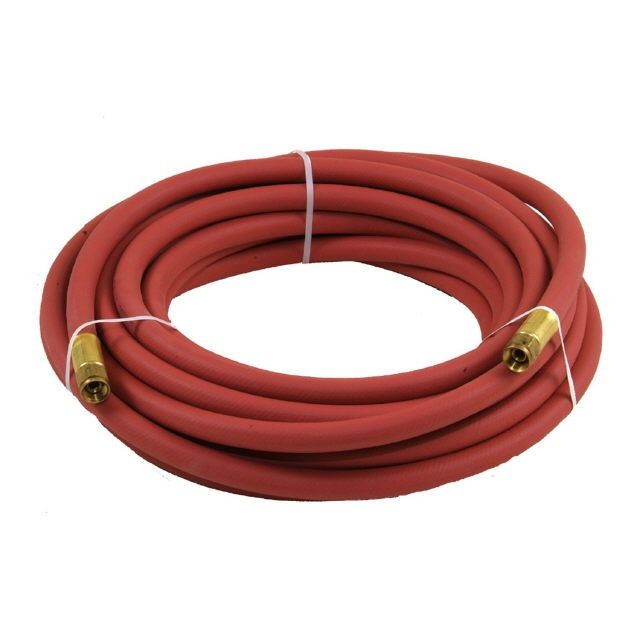 Coiled red hose with brass fittings on both ends
