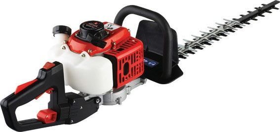 Red gas-powered hedge trimmer with black handle and long cutting blade on white background