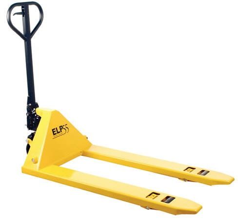 Yellow pallet jack with black handle on a white background