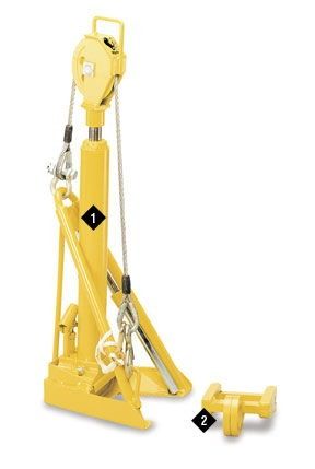Yellow hydraulic jack with a separate jack stand adapter attachment on a white background