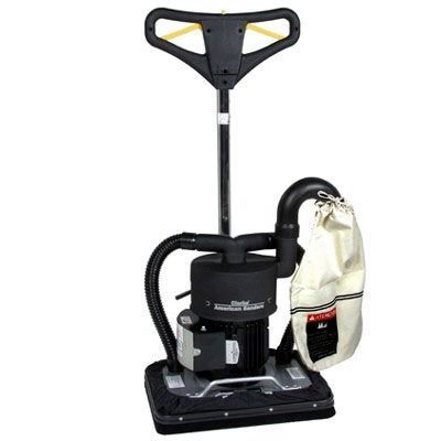 Black floor buffer/polisher with upright handle and attached beige dust bag on a white background