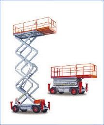 Scissor lift platform raised high beside a red scissor lift vehicle with platform lowered.