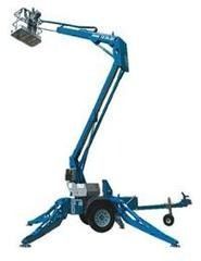 Blue mobile boom lift with outriggers and a raised work platform against a white background