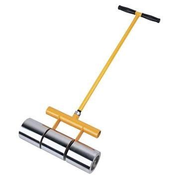 Yellow-handled steel roller tool with black grips on a white background