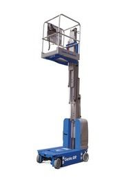 Blue articulated boom lift with a raised white work platform on wheels