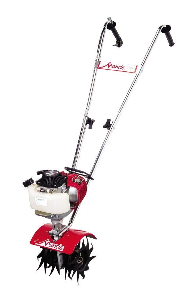 Red tiller with black tines, white engine, and long handlebars on a white background
