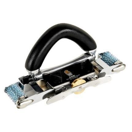 Black-handled ratchet strap tensioner with metal ends on a white background