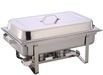 Silver stainless steel food warmer with a white lid on metal legs