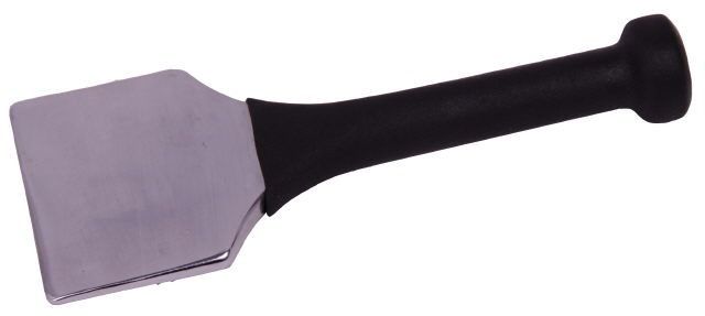 Steel scraper with a black handle on a white background