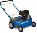 Blue walk-behind lawn mower with black engine and white wheels, shown on a white background