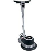 Black floor buffer/polisher with silver handle and round base on a white background