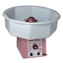 White cotton candy machine with pink base and large bowl, showing a central spinner.
