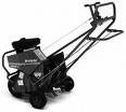 Black snowblower with chute and handles, angled on a white background