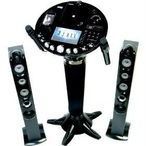 Black karaoke speaker system with two tall speakers and a central control unit on a stand