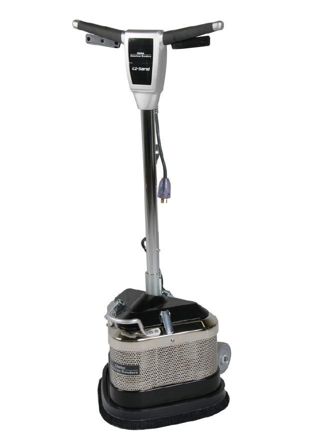 Industrial floor buffer/scrubber machine with a black base and silver handle against a white background