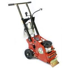 Red walk-behind floor grinder with black handles, wheels, and a metal grinding head on a white background