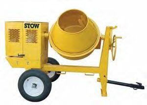 Yellow STOW concrete mixer trailer with wheels and hand crank, shown on a white background