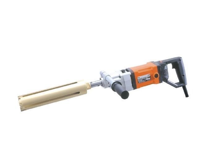 Orange-and-gray power core drill with a long cylindrical bit on a white background