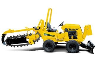 Yellow Vermeer trencher attachment on a wheeled machine, isolated on white background
