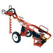 Red agricultural auger cart with wheel, handlebars, and long red conveyor arm on white background