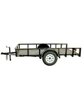 Black utility trailer with mesh sides, single wheel, and hitch on a white background