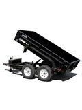 Black dump trailer with raised bed and dual axles on a white background