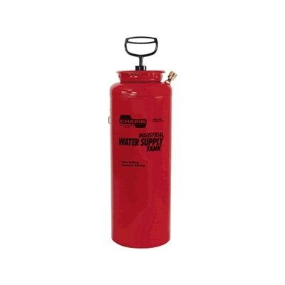 Red water extinguisher with black handle and brass nozzle on a white background
