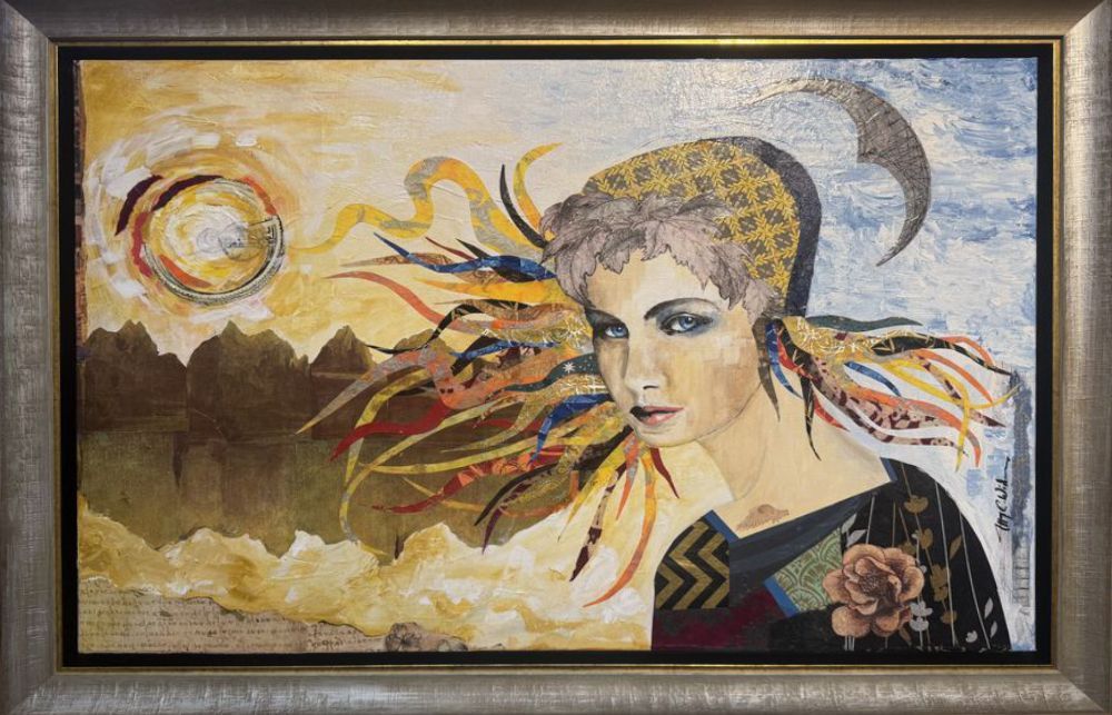 painting of a woman with colorful hair against a landscape, framed in silver