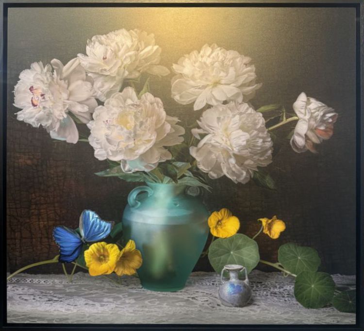 still life painting: white peonies in a teal vase, butterfly, yellow flowers, and antique details on a table