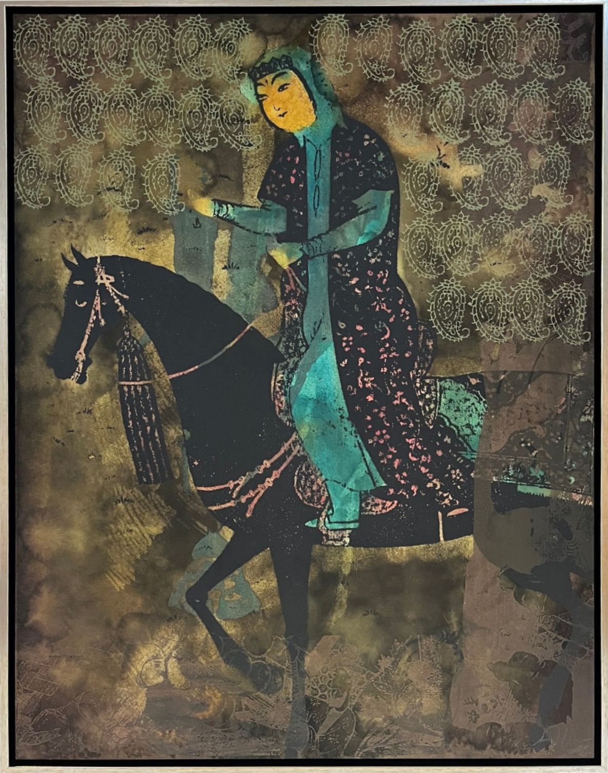 woman in a teal cloak on a black horse against a gold and brown background, framed