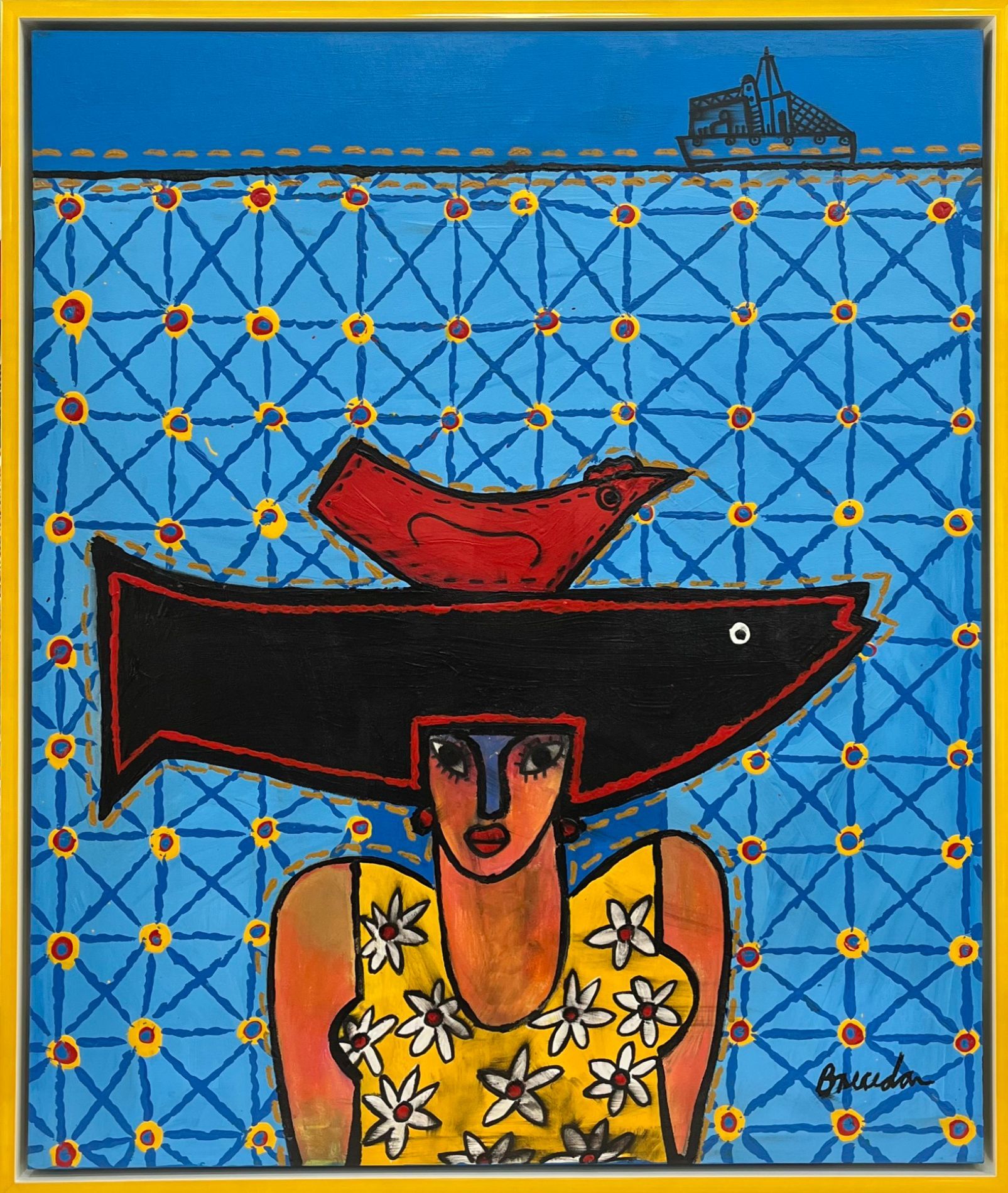 painting of a woman wearing a fish hat with a bird on top, blue background with yellow border