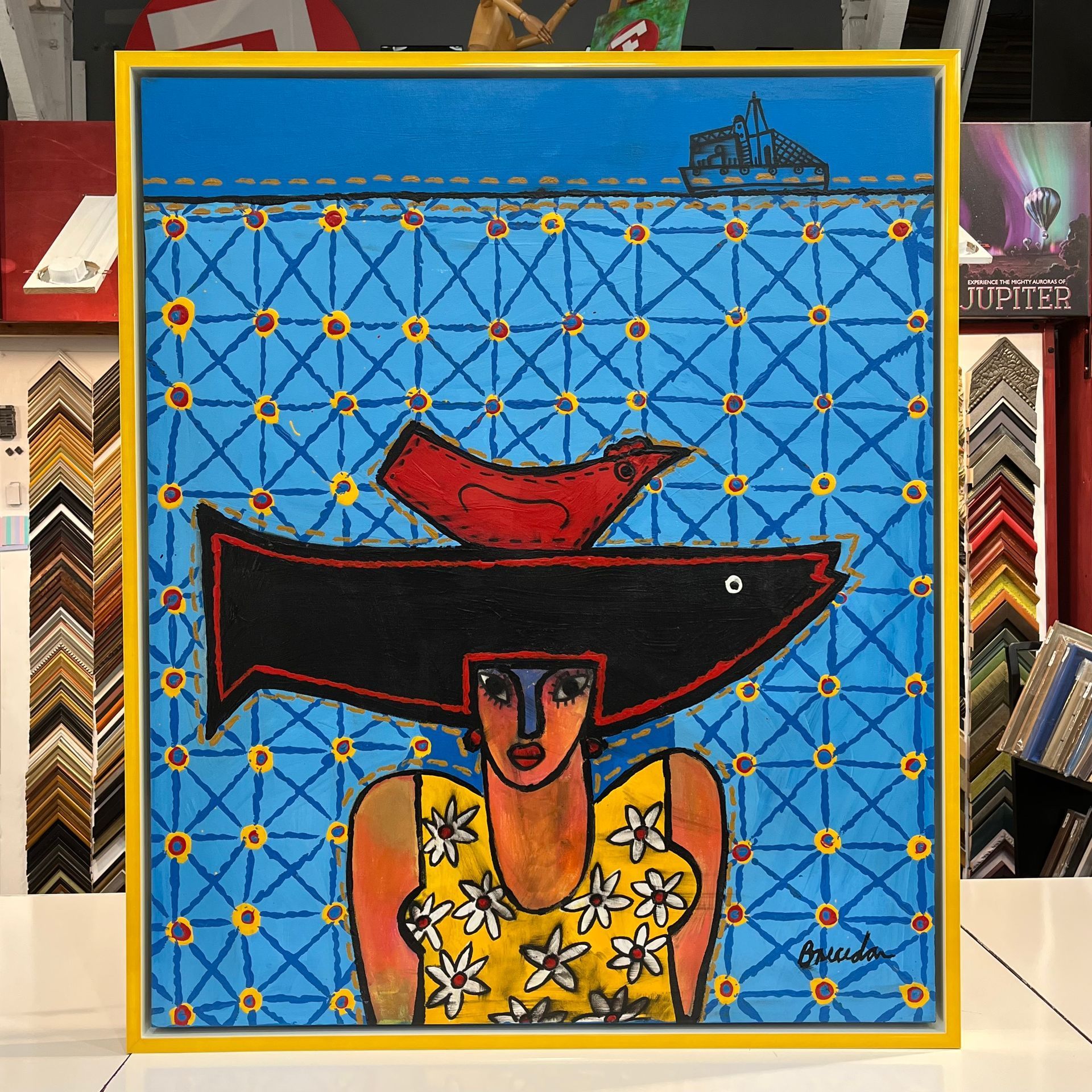 painting of a woman wearing a fish hat with a bird on top, blue background with yellow border