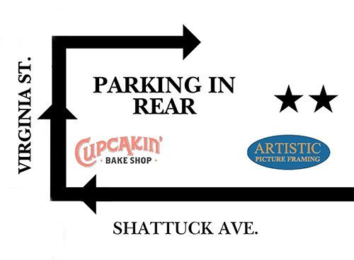 Parking lot sign with arrows, “Parking in Rear,” on Virginia St. and Shattuck Ave.