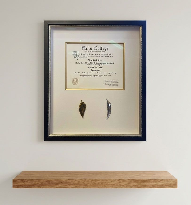 A framed diploma hanging on the wall.