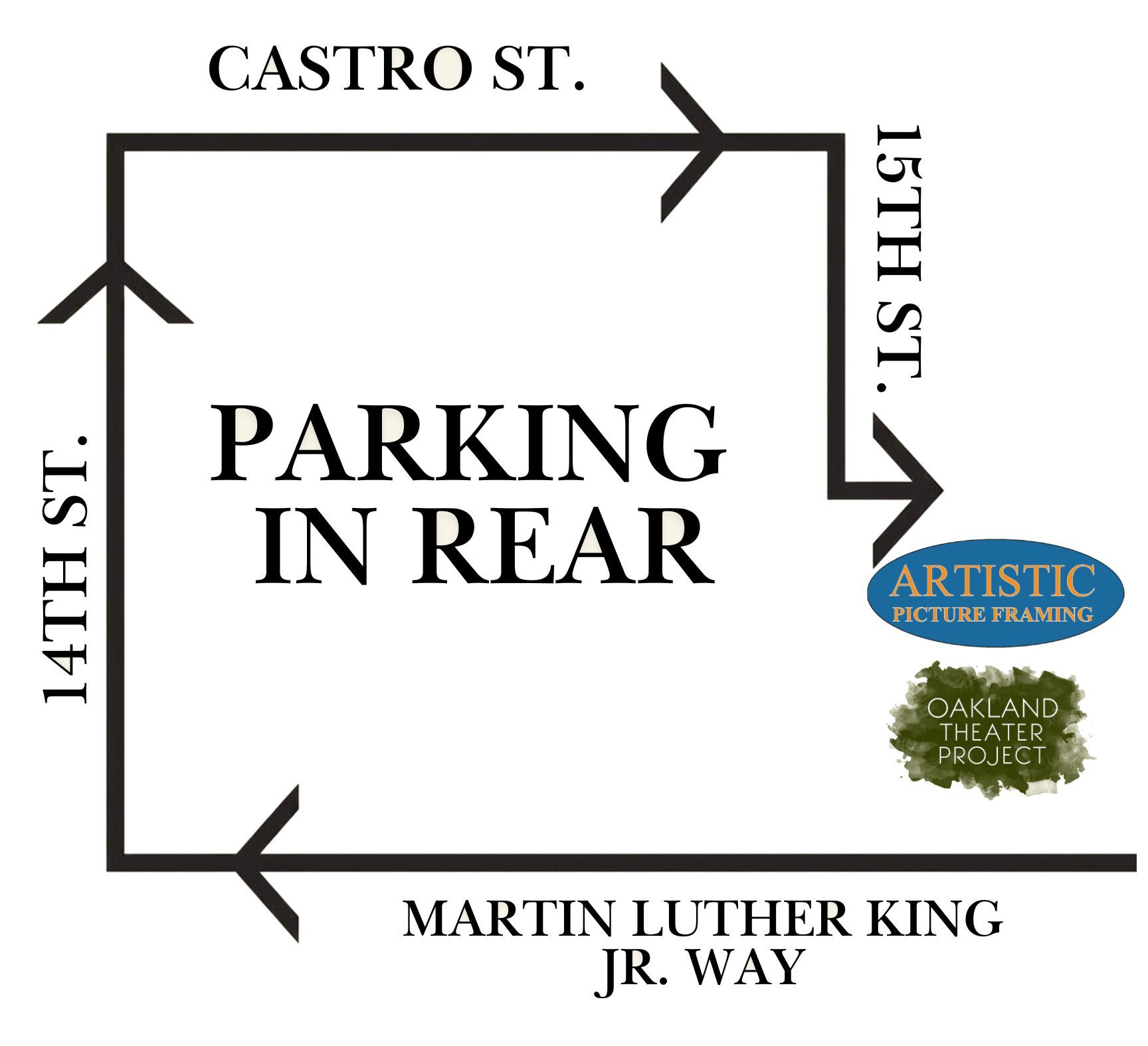 Parking in rear sign with arrows; streets labeled Castro St., 14th St., 15th St., and Martin Luther King Jr. Way.